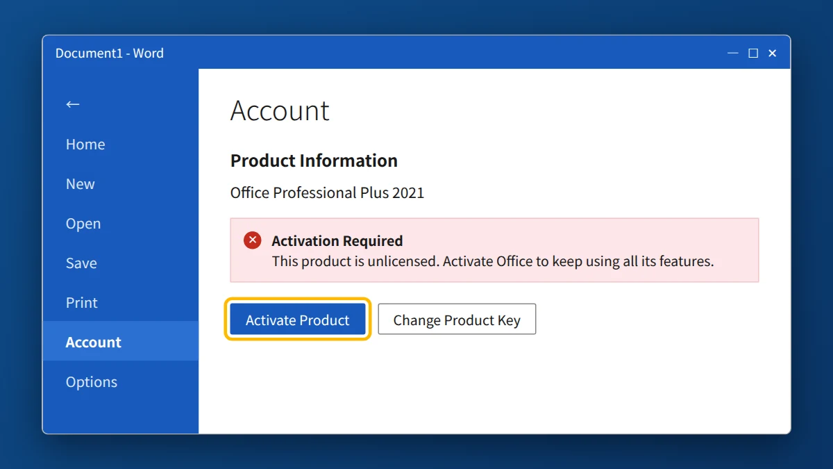 Word File Account page showing Office Professional Plus 2021 Activation Required with Activate Product button
