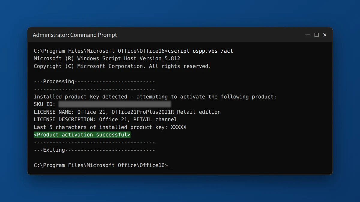 Command Prompt running cscript ospp.vbs /act showing Product activation successful for Office 2021