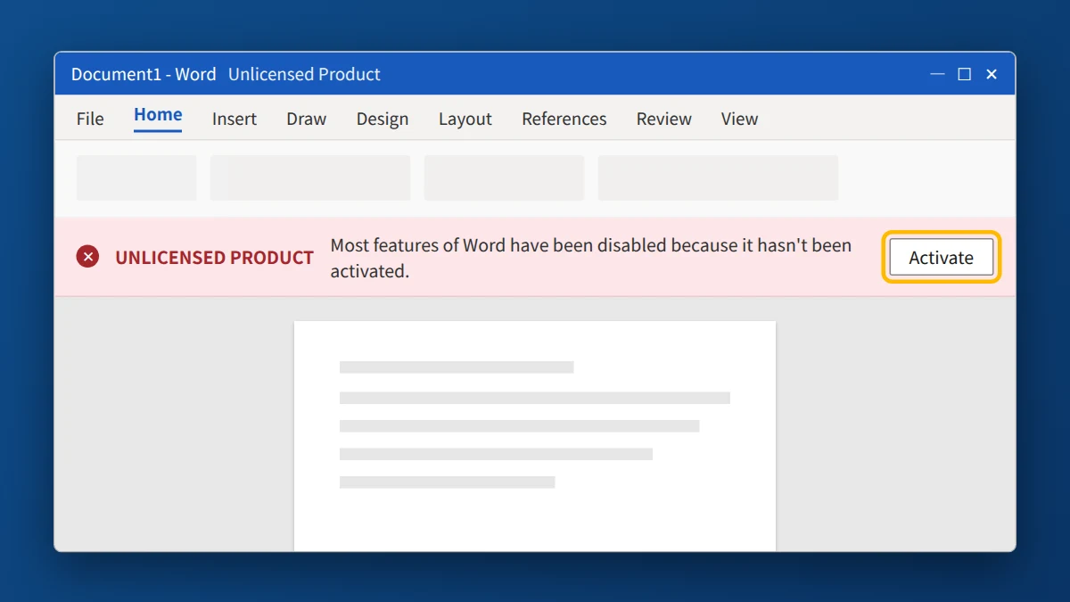 Word showing the red Unlicensed Product bar: most features of Word have been disabled because it hasn't been activated