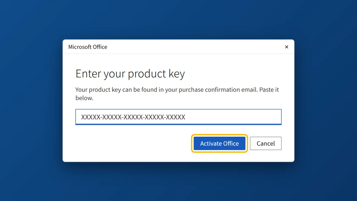 Office Enter your product key window with Activate Office button
