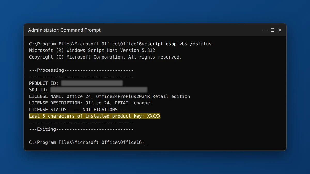 Command Prompt running cscript ospp.vbs /dstatus for Office 2024 showing the last 5 characters of the installed product key