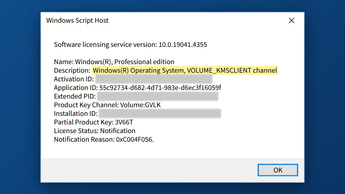 slmgr /dlv result showing VOLUME_KMSCLIENT channel on Windows 10
