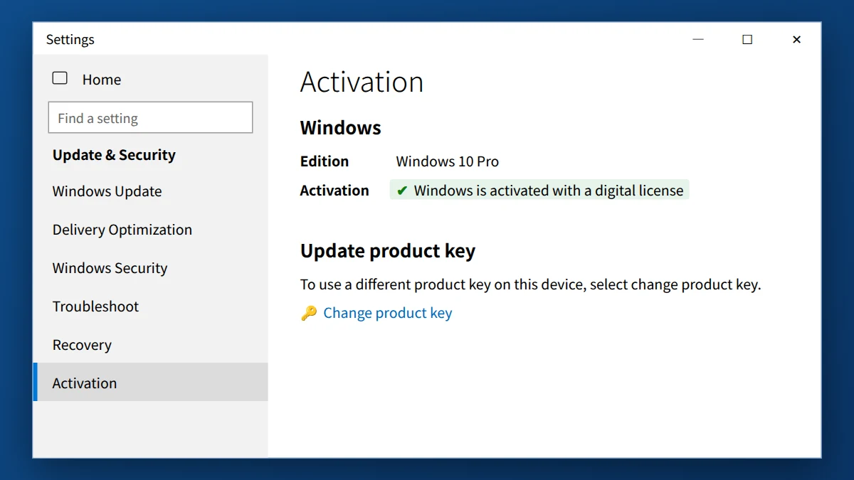 Windows 10 Activation page showing Windows is activated with a digital license