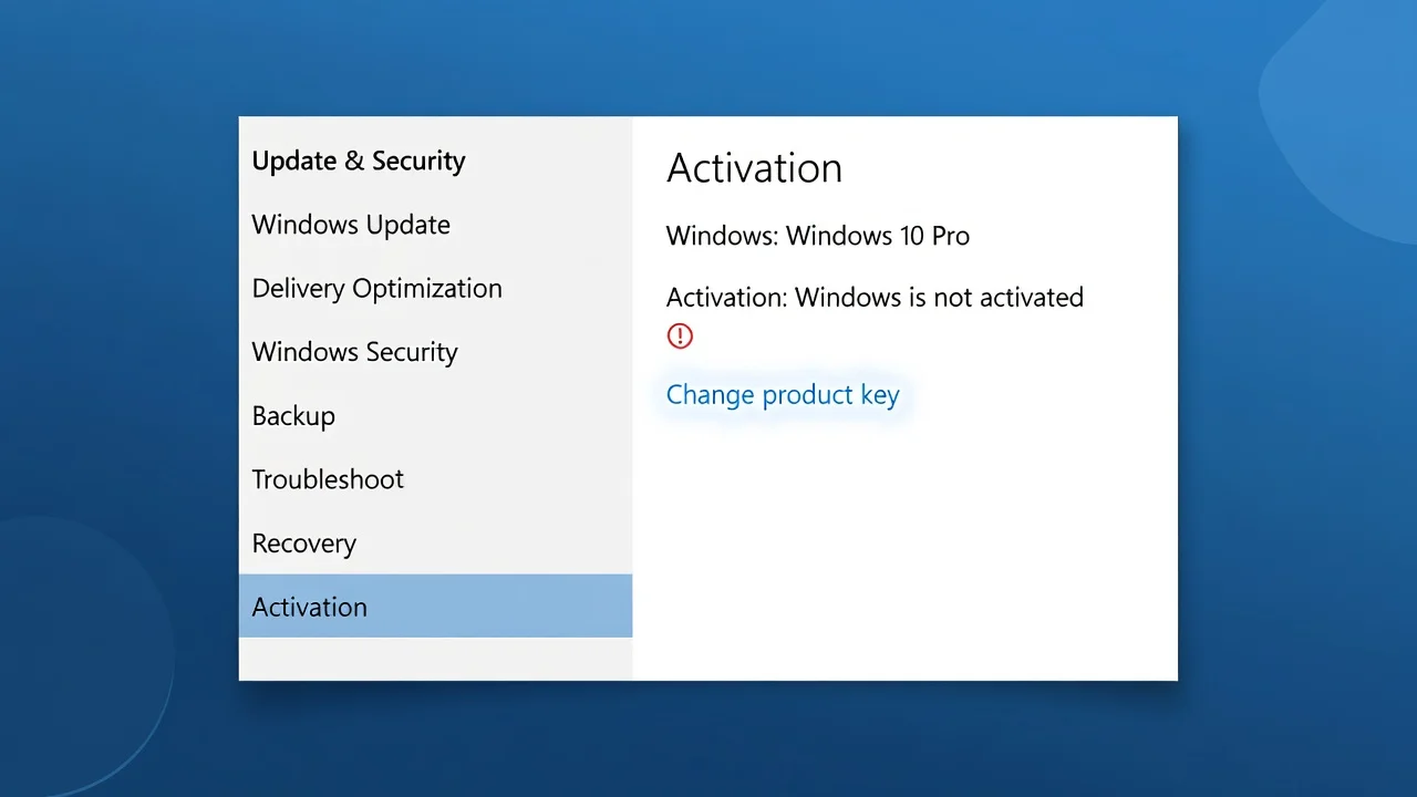 Windows 10 Activation page in Update & Security with Change product key link