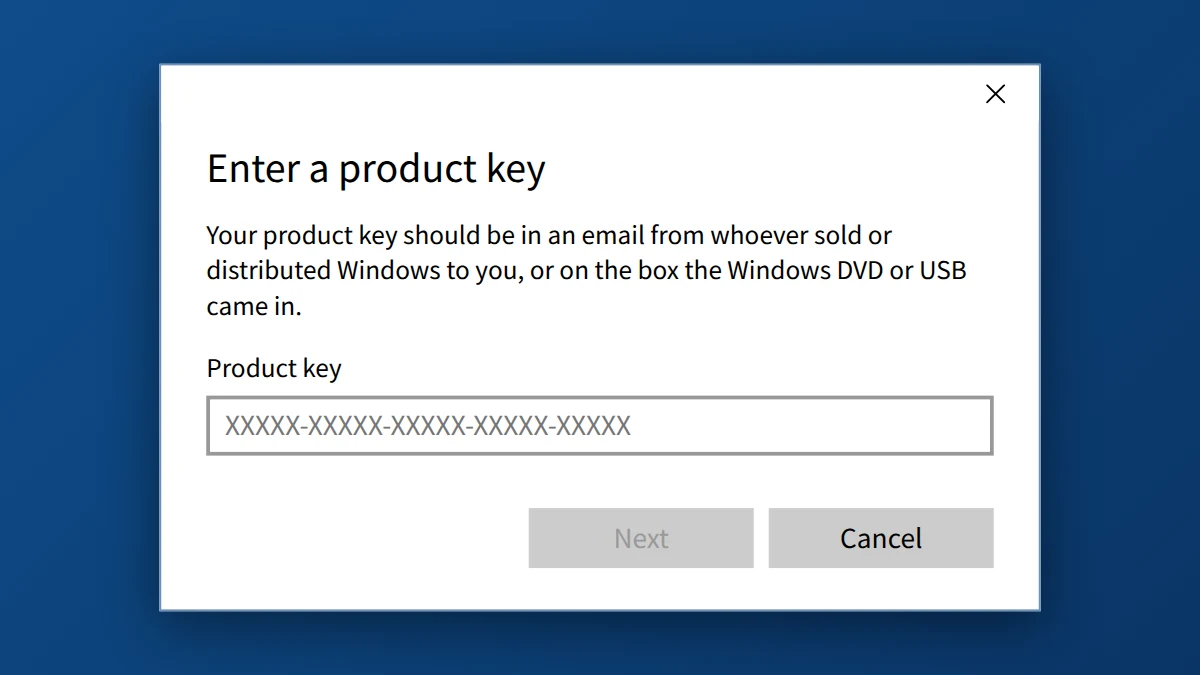 Windows 10 Enter a product key window for a retail Windows 10 Pro key