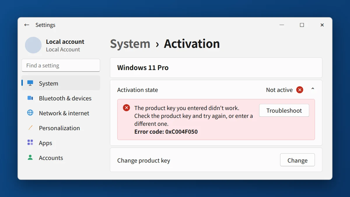 Windows 11 Settings Activation page showing error 0xC004F050
