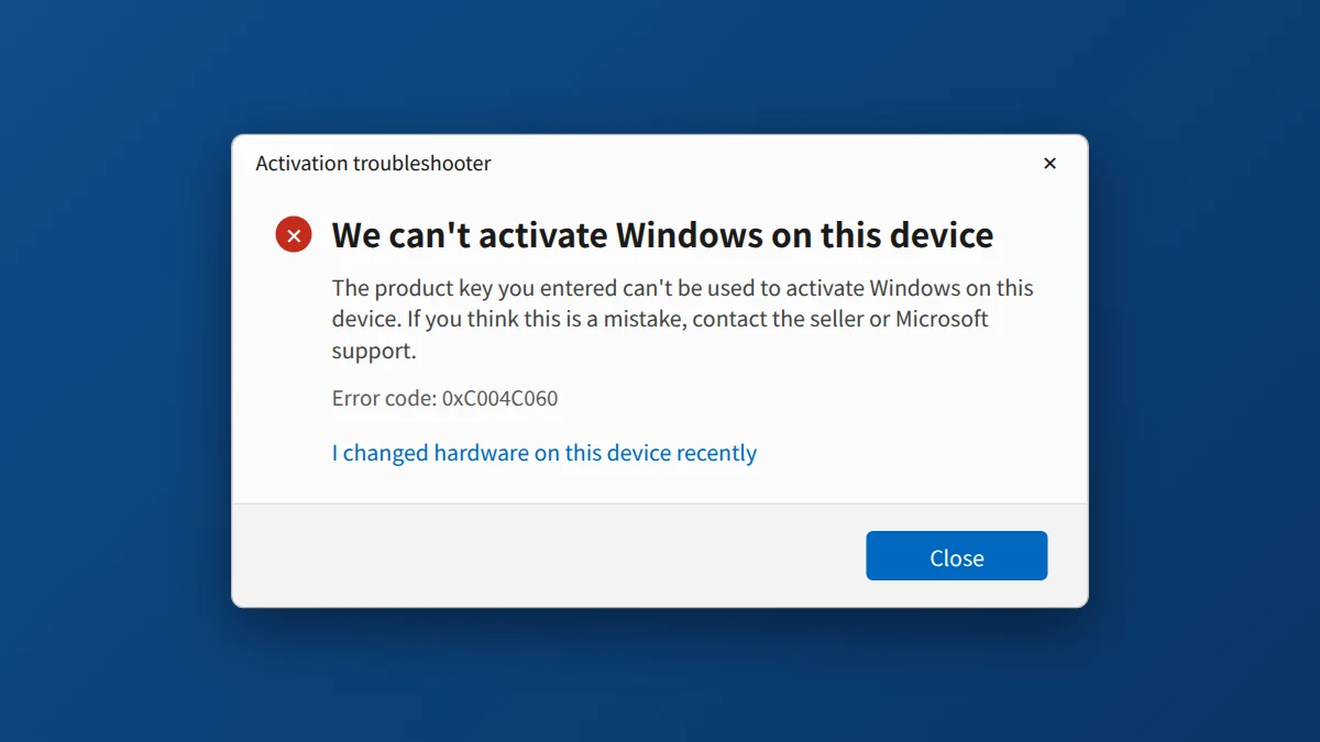 Windows 11 Activation troubleshooter showing error 0xC004C060