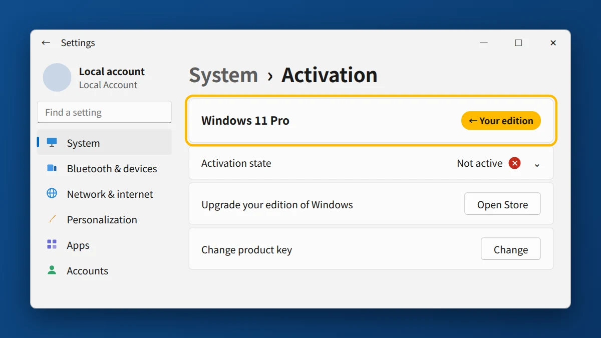 Windows 11 Activation page showing the installed edition, Windows 11 Pro