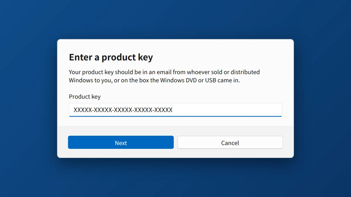Windows 11 Enter a product key window