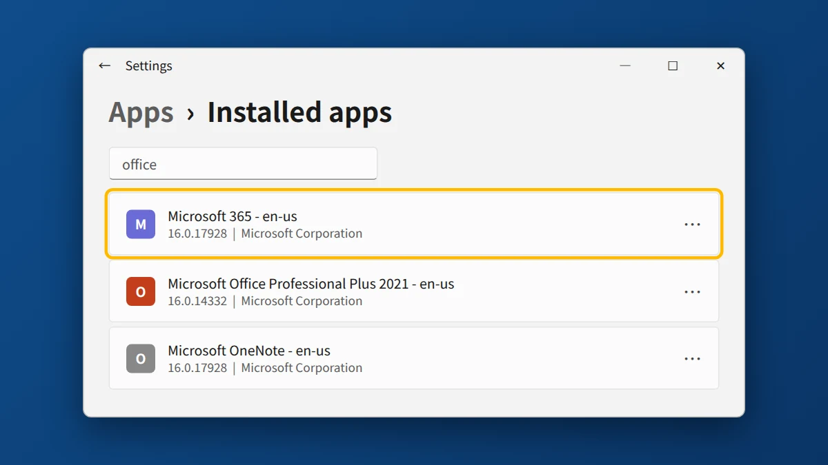 Windows 11 Installed apps showing Microsoft 365 installed next to Office Professional Plus 2021