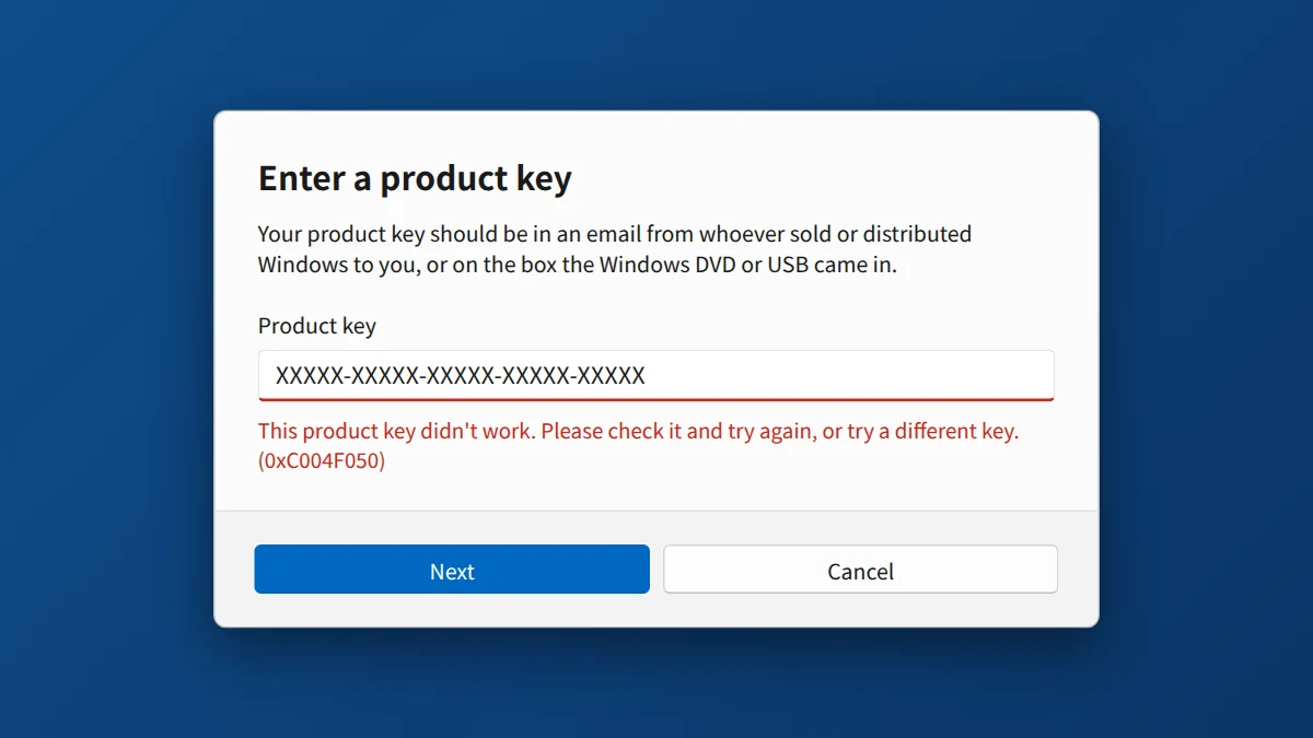 Windows 11 Enter a product key window showing product key didn't work error 0xC004F050