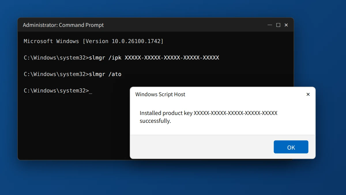 Command Prompt installing a Windows 11 product key with slmgr /ipk and slmgr /ato