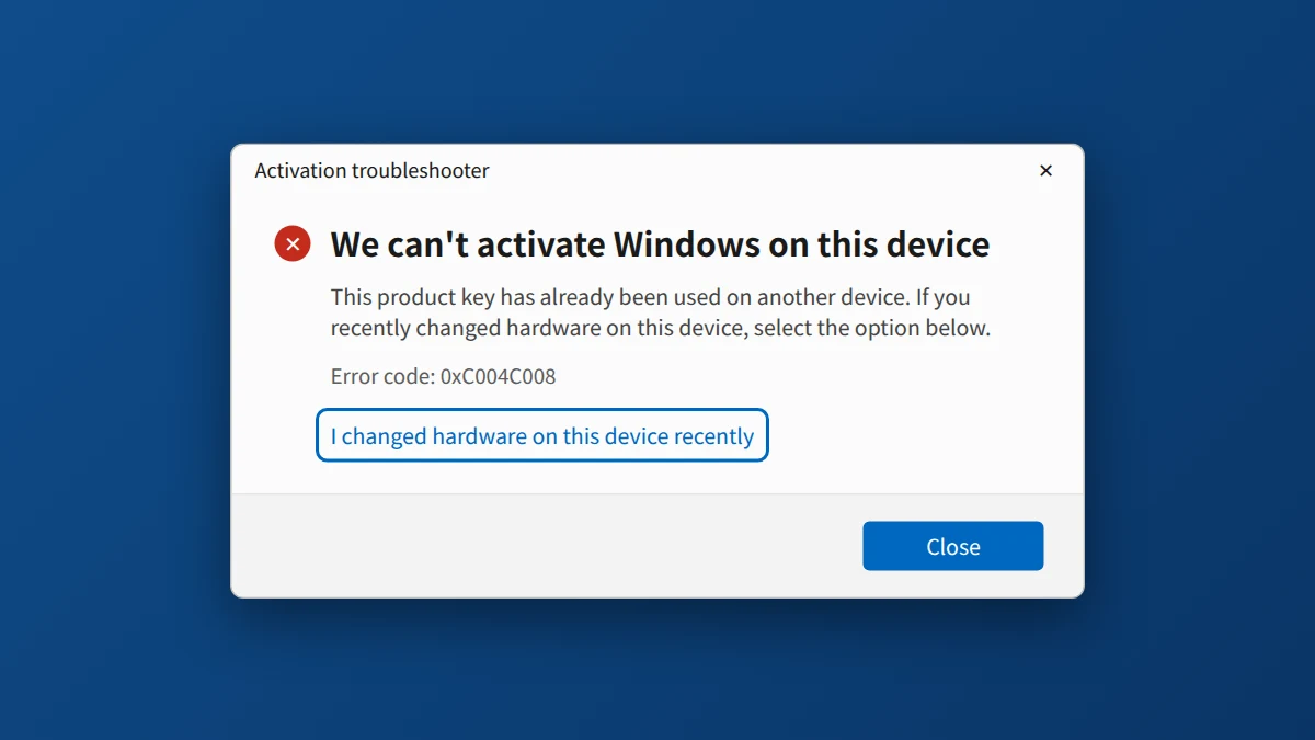 Windows 11 Activation troubleshooter with I changed hardware on this device recently option for error 0xC004C008