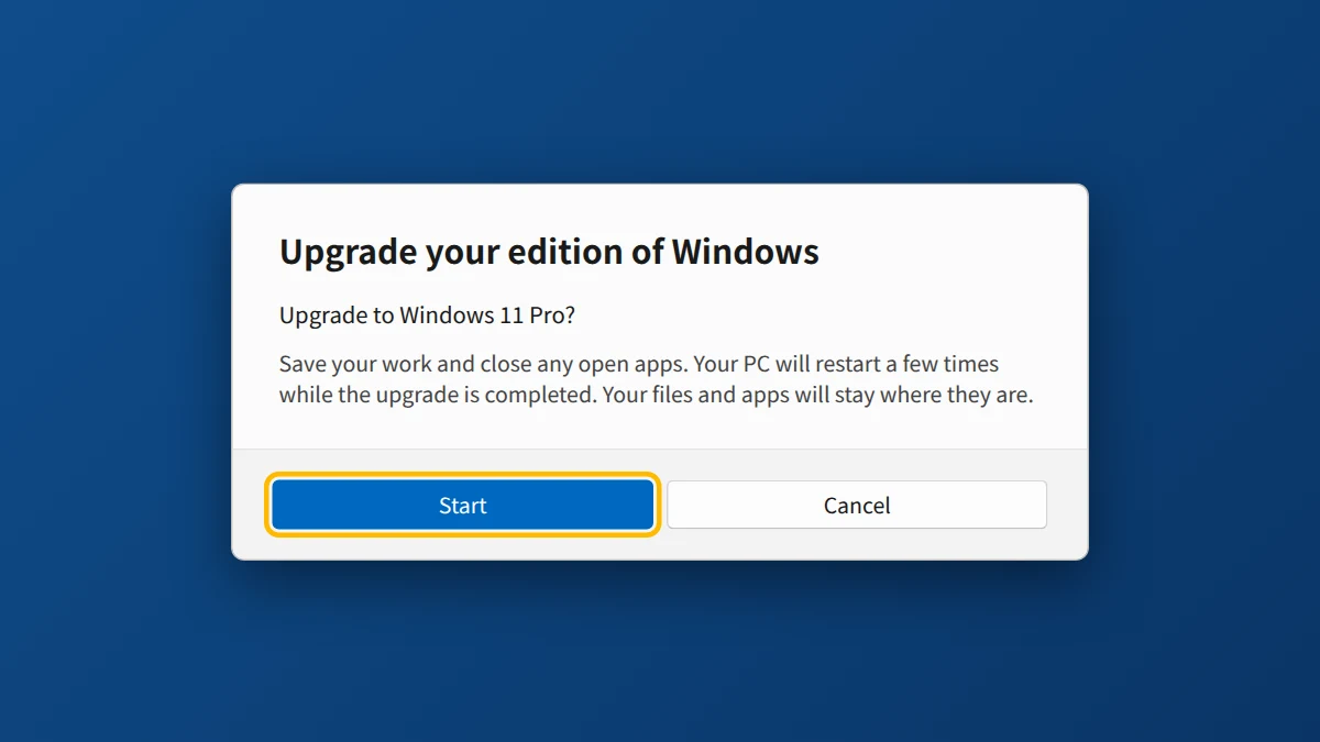 Windows 11 Upgrade your edition of Windows window asking to upgrade to Windows 11 Pro