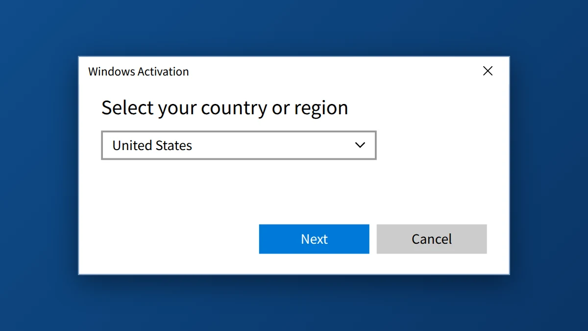 Windows phone activation window opened with slui 4, asking to select country or region