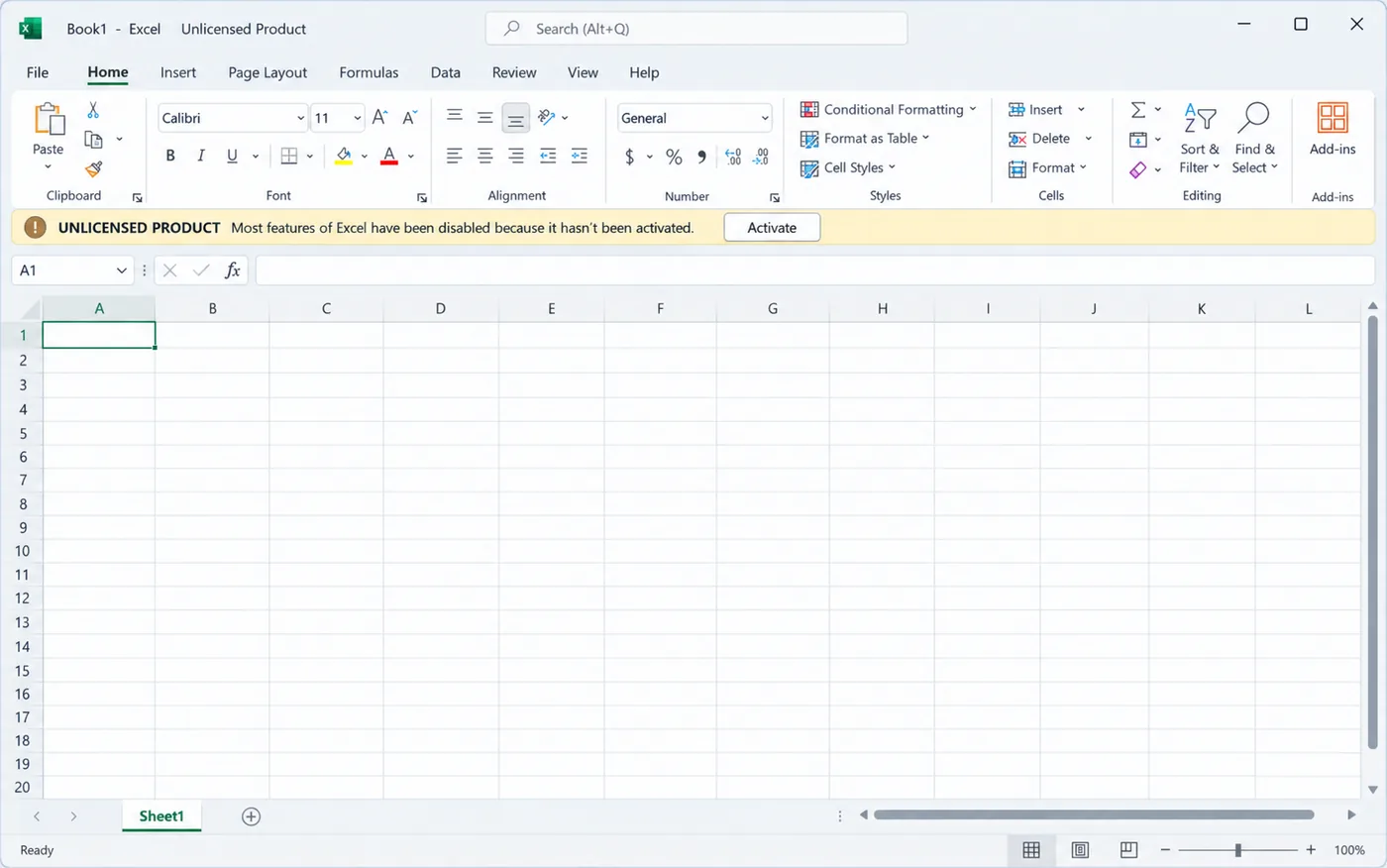 Excel window with the yellow UNLICENSED PRODUCT bar and an Activate button