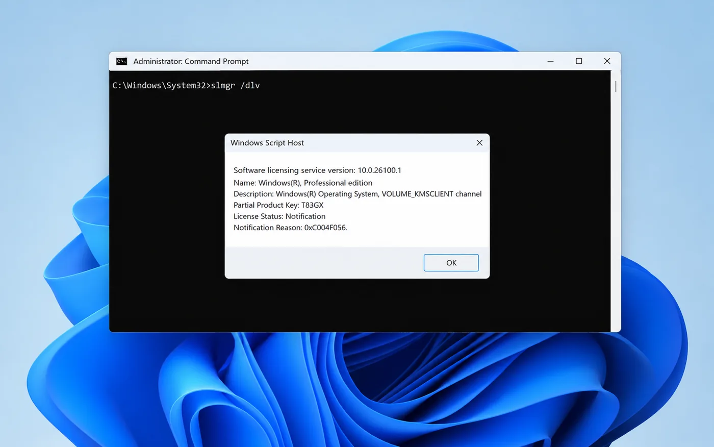 Command Prompt running slmgr /dlv showing a VOLUME_KMSCLIENT channel license