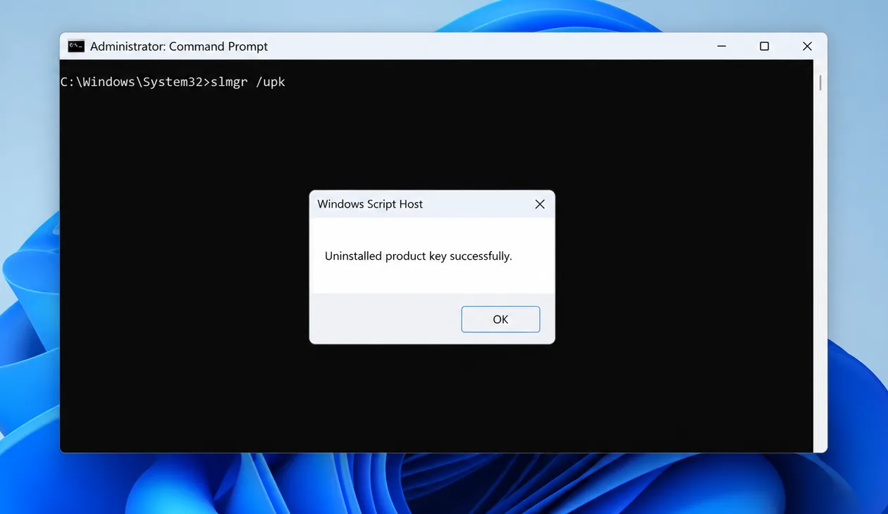 Command Prompt running slmgr /upk with the message Uninstalled product key successfully