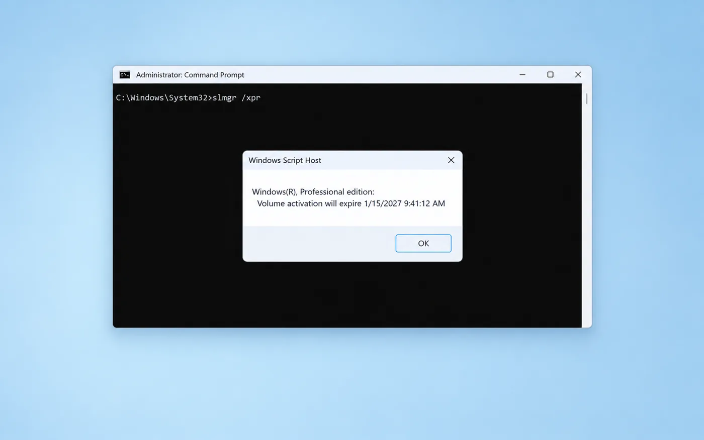 Command Prompt running slmgr /xpr showing when volume activation will expire