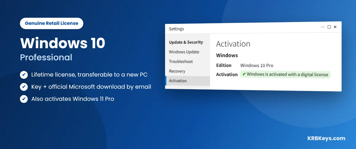 Windows 10 Professional genuine retail license key, activated with a digital license