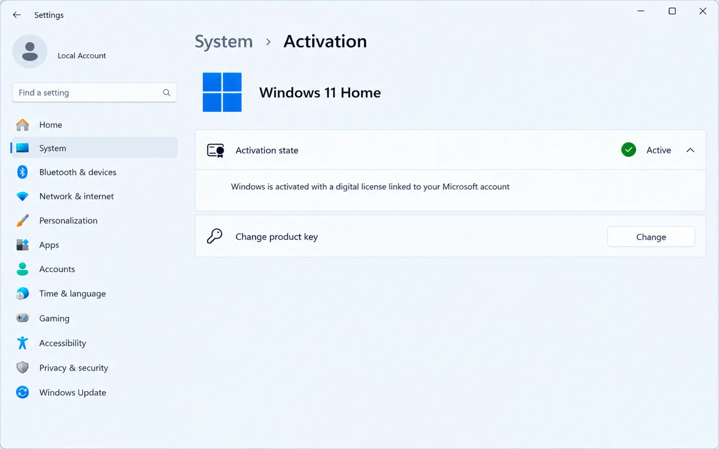 Windows 11 Activation page showing Active, activated with a digital license linked to your Microsoft account