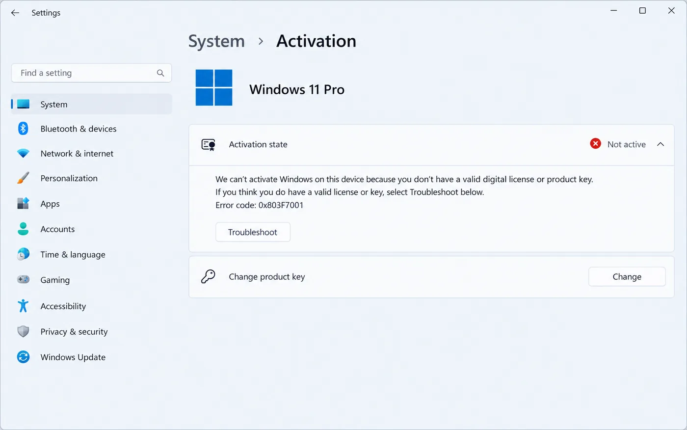 Windows 11 Settings Activation page showing Not active and error code 0x803F7001