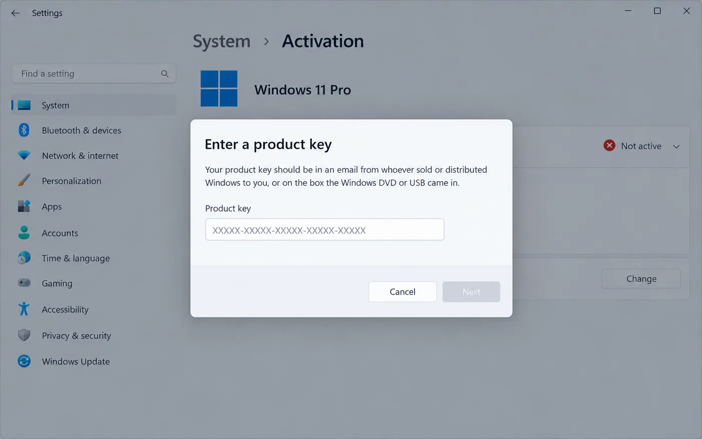Windows 11 Enter a product key dialog with an empty product key field