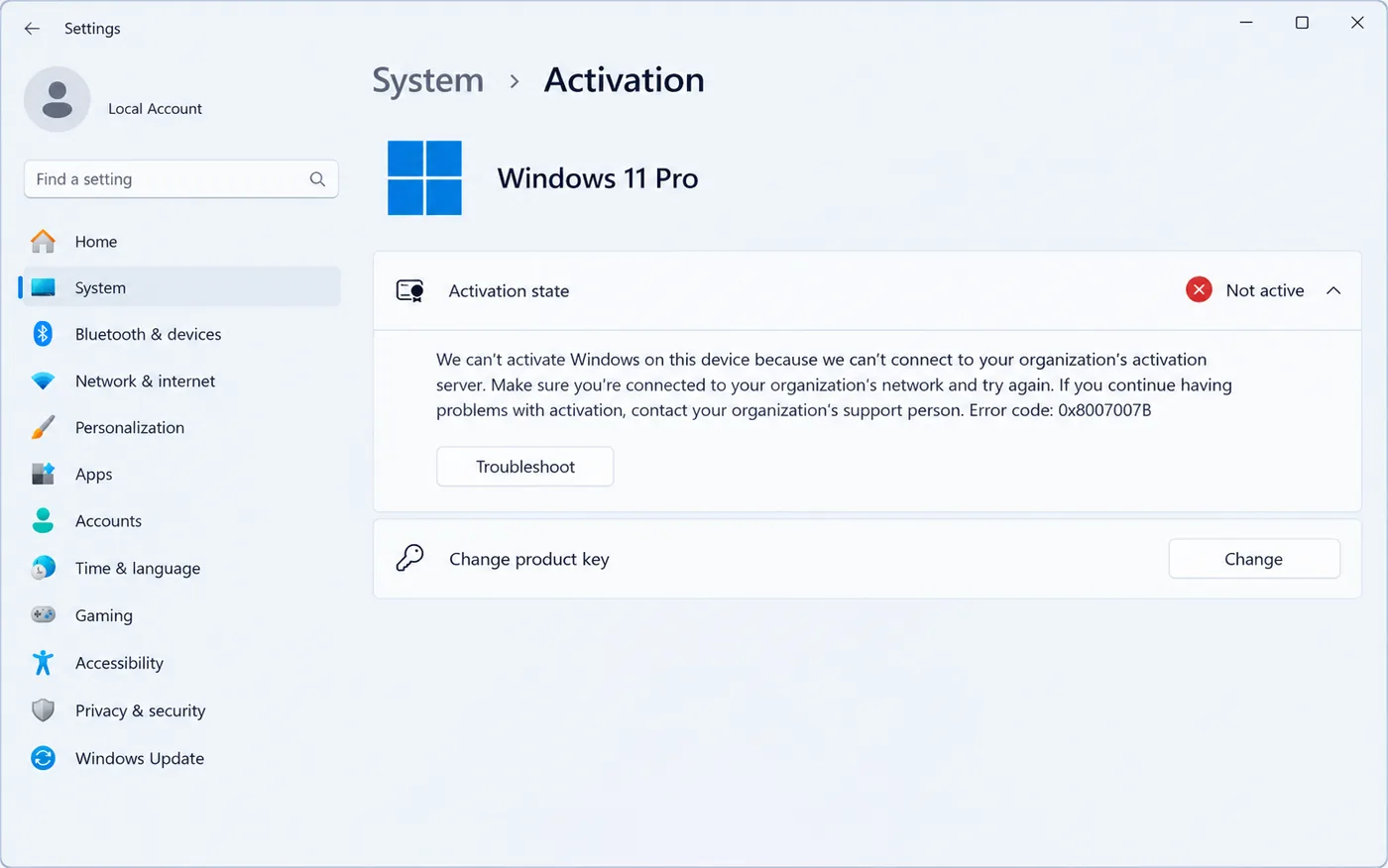 Windows 11 Settings Activation page showing Not active and error code 0x8007007B