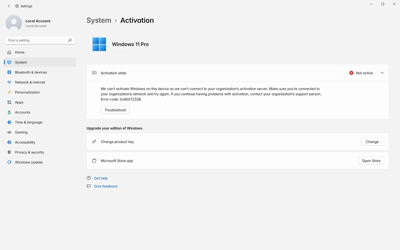 Windows 11 Settings Activation page: can't connect to your organization's activation server, error code 0x8007232B