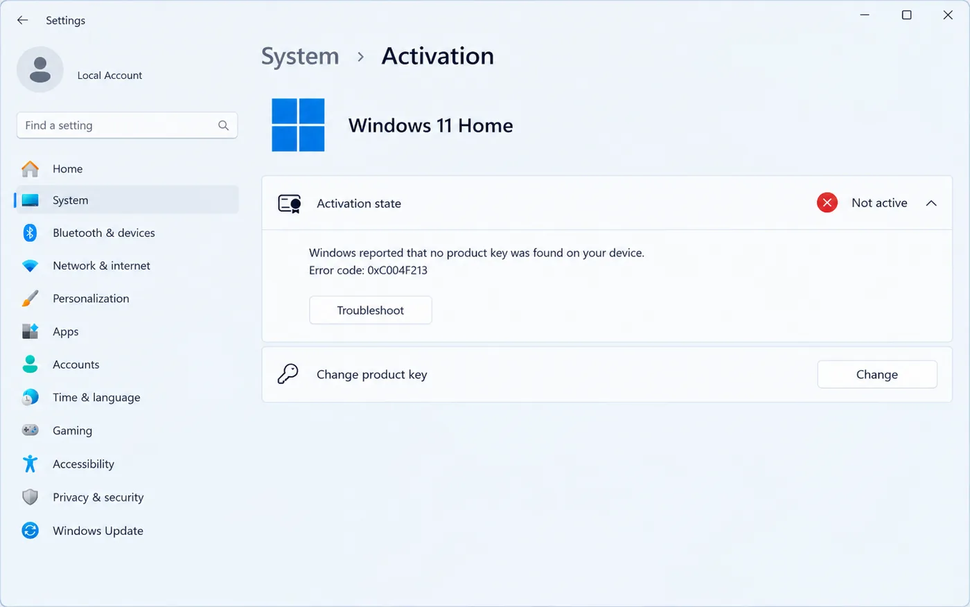 Windows 11 Settings Activation page showing error 0xC004F213, no product key found on your device