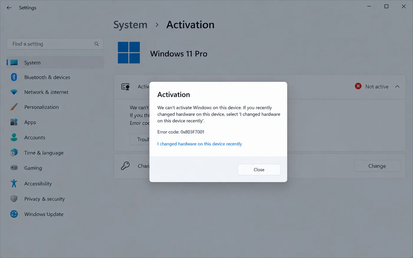 Windows activation troubleshooter result for error 0x803F7001 with the I changed hardware on this device recently link