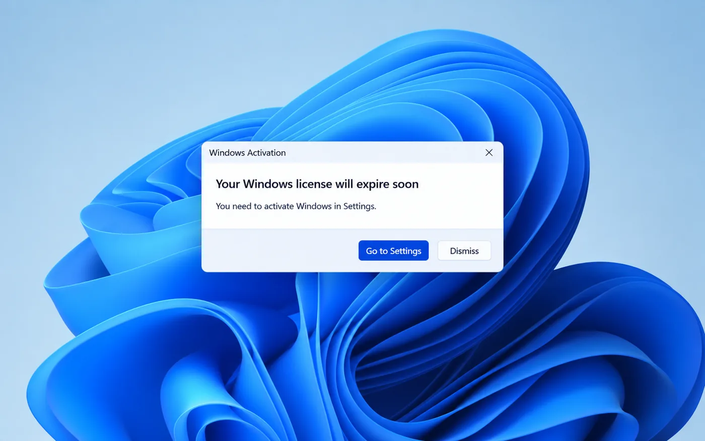 Windows message saying Your Windows license will expire soon with a Go to Settings button