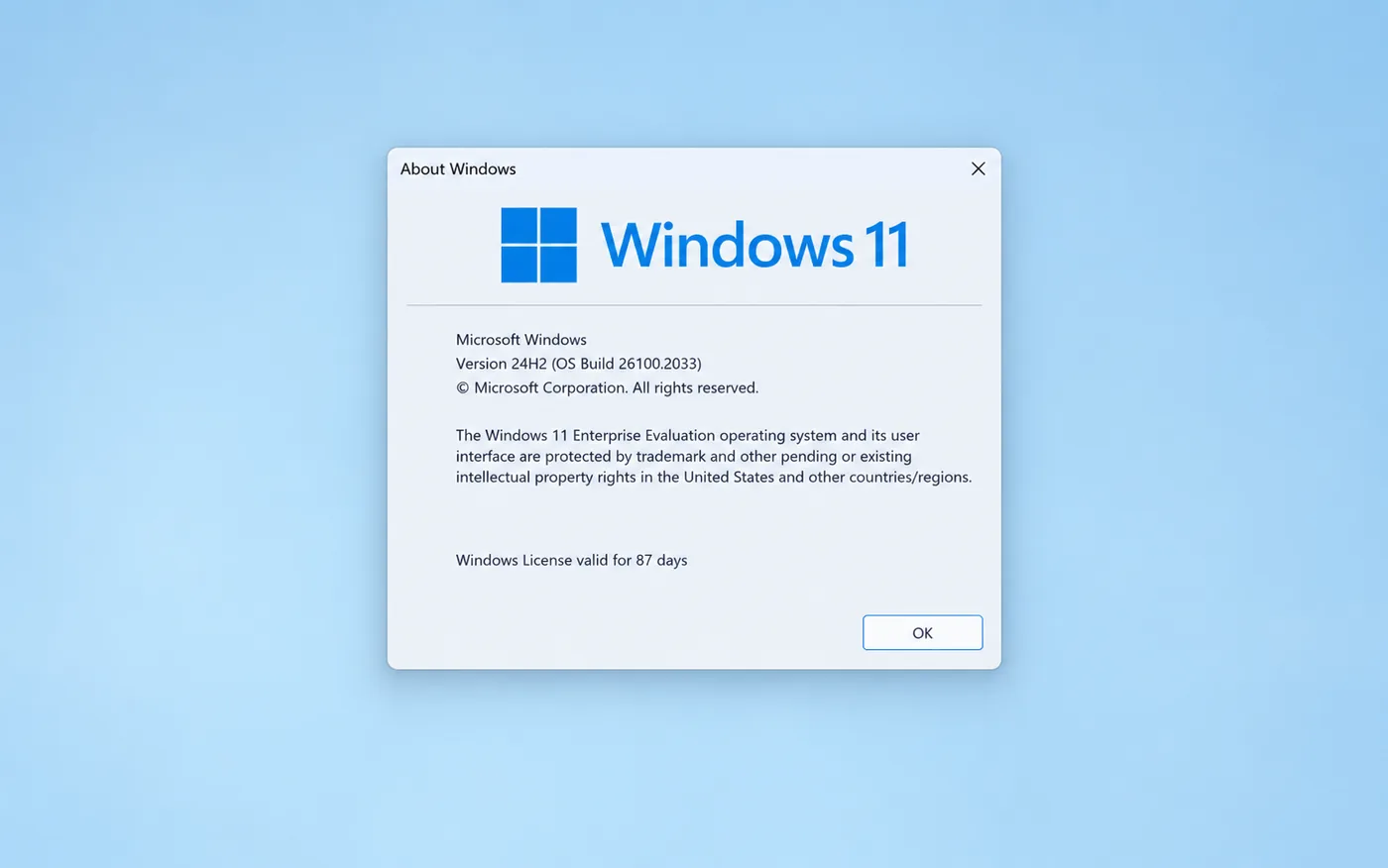 About Windows dialog for Windows 11 Enterprise Evaluation showing Windows License valid for 87 days
