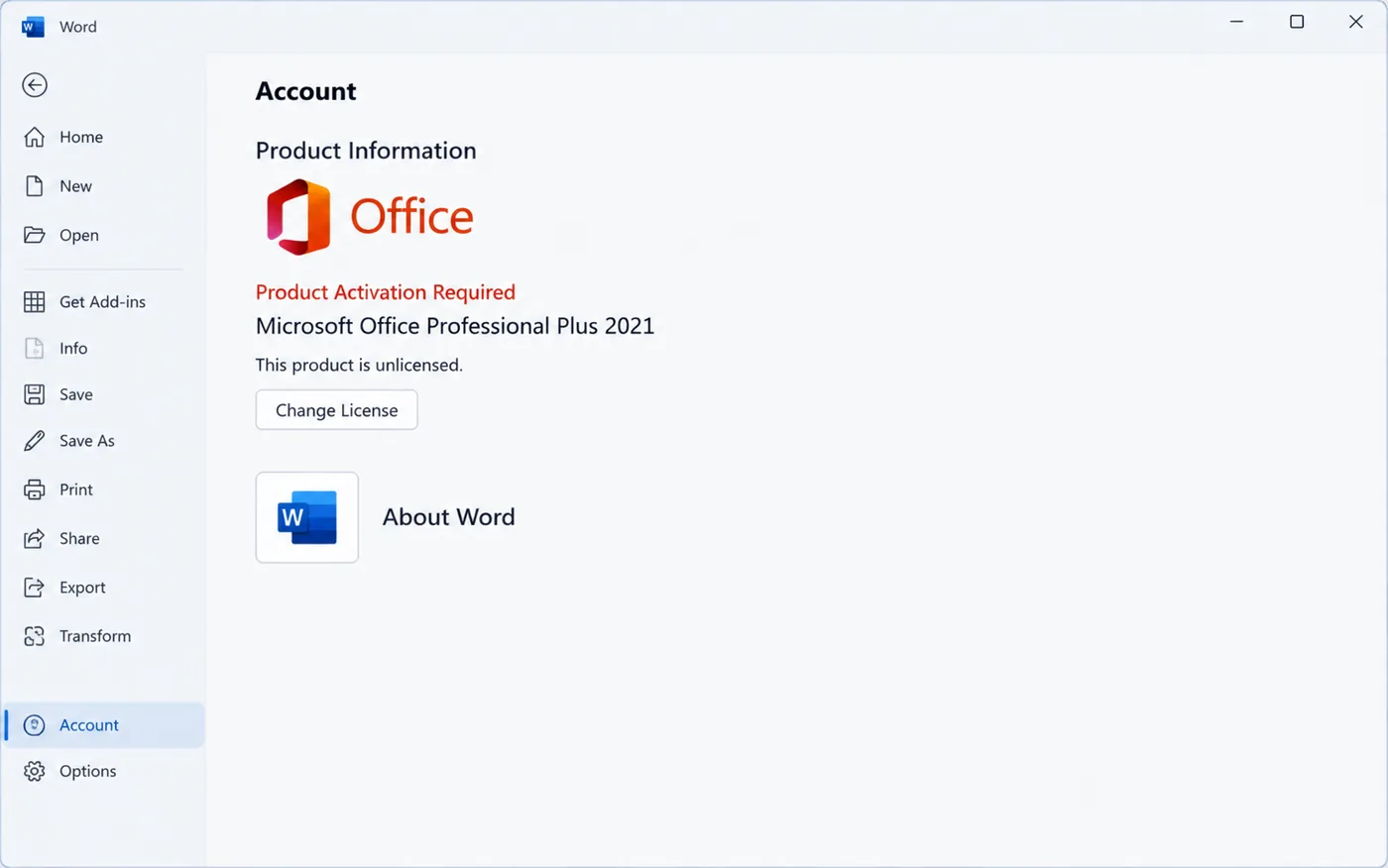 Word File Account page showing Product Activation Required for Microsoft Office Professional Plus 2021